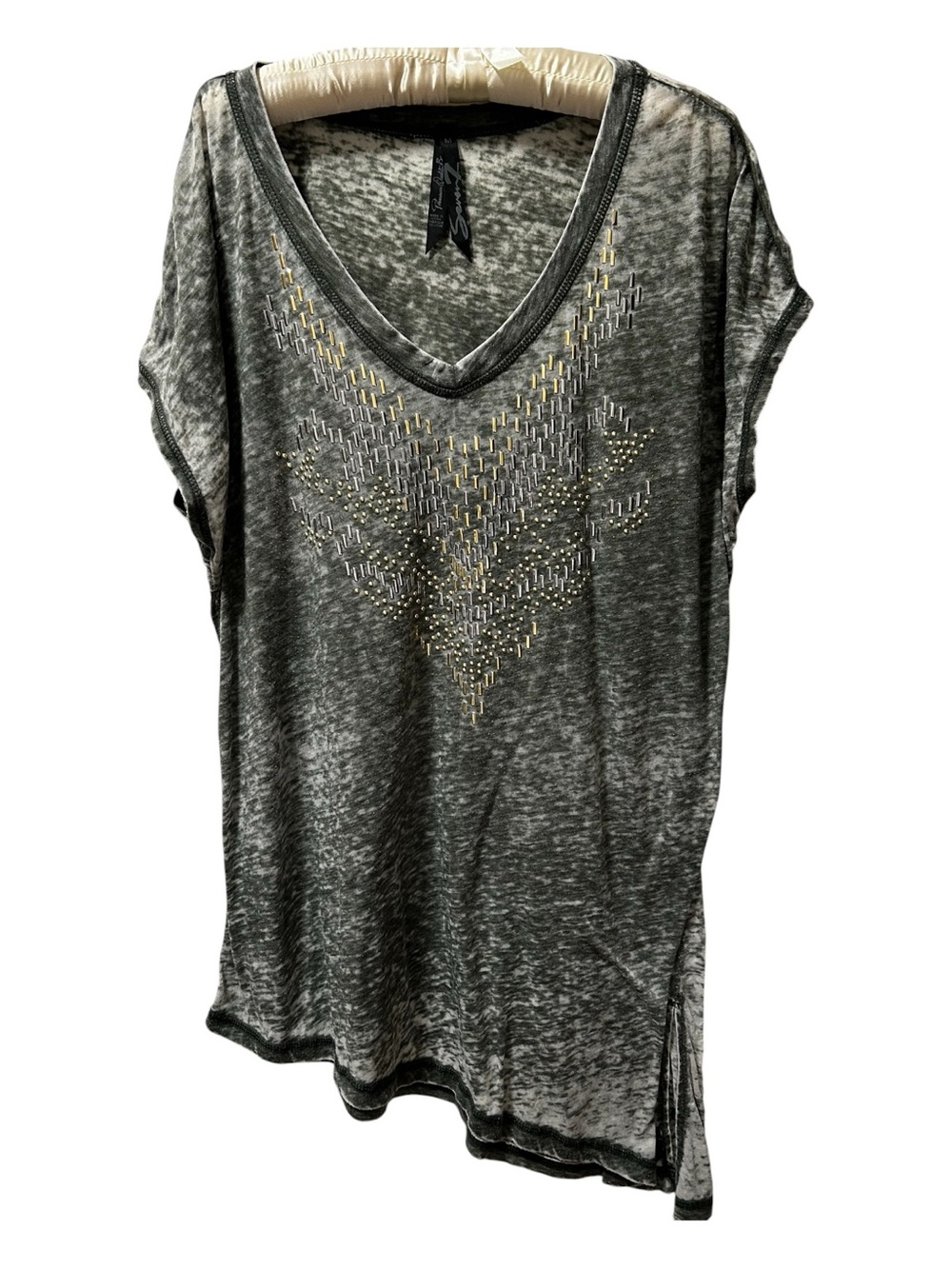Relaxed V-Neck Studded Women's Top in Green